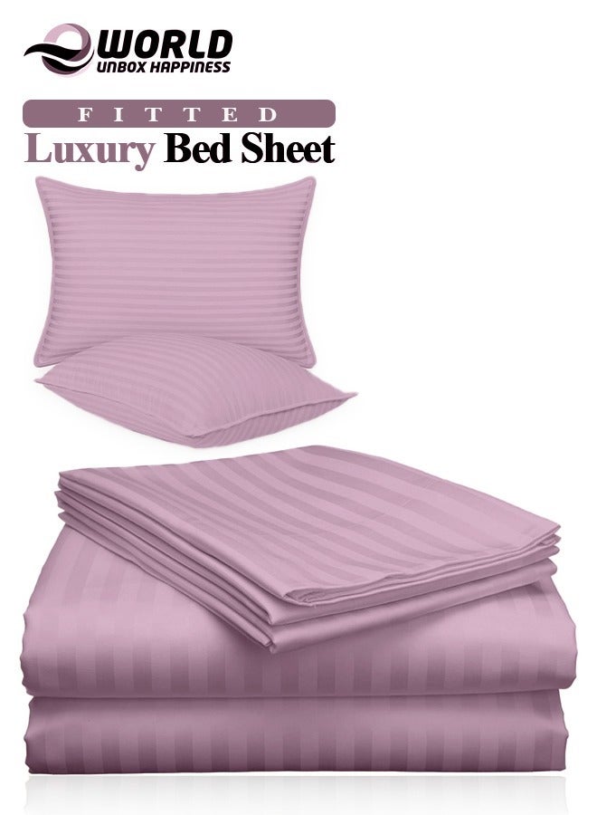 3 Piece Luxury Pink Striped Bed Sheet Set with 1 Deep Pocket Fitted Sheet and 2 Pillowcases for Hotel and Home Crafted from Ultra Soft and Breathable Cotton for Year-Round Comfort, (Single/Double)