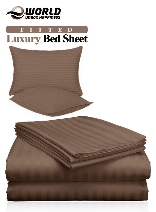 3 Piece Luxury Dark Brown Striped Bed Sheet Set with 1 Deep Pocket Sheet and 2 Pillowcases for Hotel and Home Crafted from Ultra Soft and Breathable Cotton for Year-Round Comfort, (Single/Double)