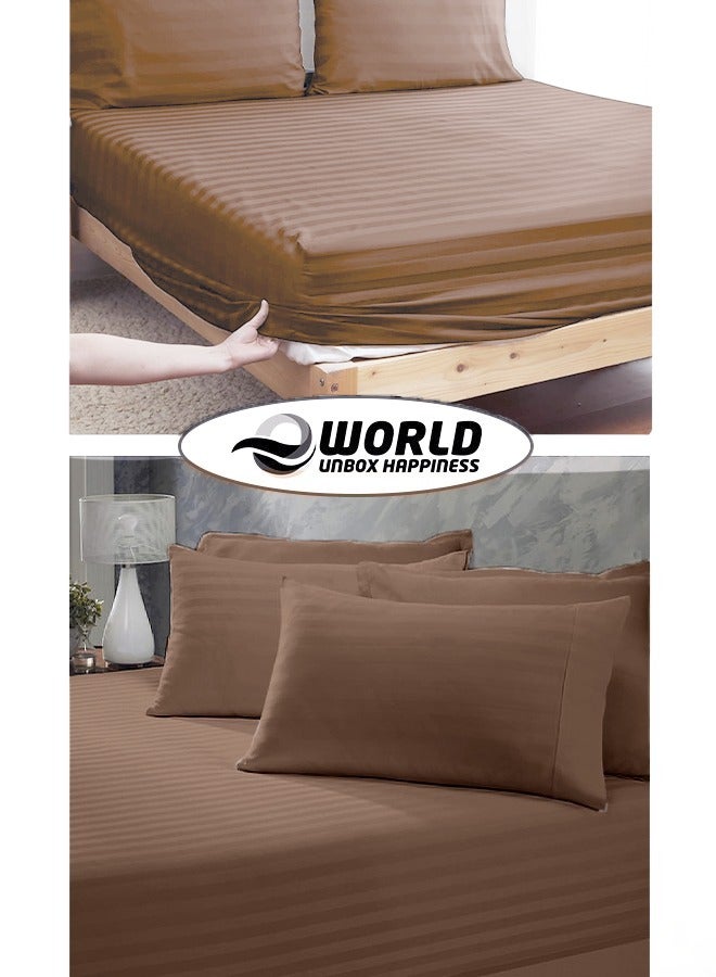 3 Piece Luxury Dark Brown Striped Bed Sheet Set with 1 Deep Pocket Sheet and 2 Pillowcases for Hotel and Home Crafted from Ultra Soft and Breathable Cotton for Year-Round Comfort, (Single/Double)