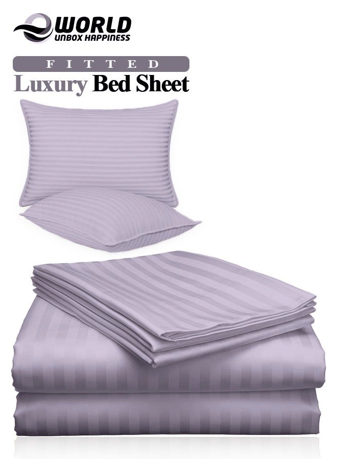 3 Piece Luxury Purple Striped Bed Sheet Set with 1 Deep Pocket Fitted Sheet and 2 Pillowcases for Hotel and Home Crafted from Ultra Soft and Breathable Cotton for Year-Round Comfort, (Single/Double)