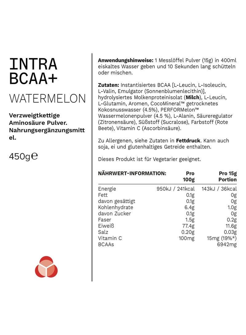 Intra Bccaa + Powder, 4:1:1 Amino Blend, Helps Reduce Tiredness & Fatigue, Includes Coconut Water Powder, Watermelon Flavour, 450 gm