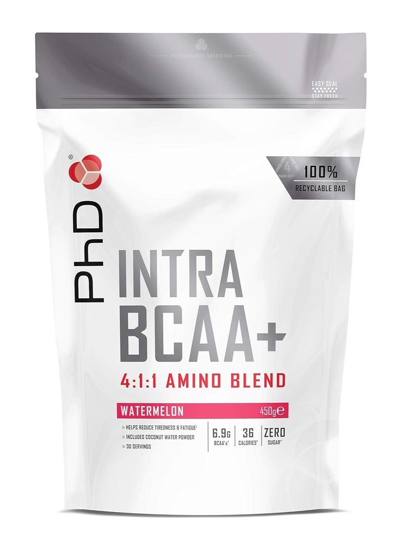 Intra Bccaa + Powder, 4:1:1 Amino Blend, Helps Reduce Tiredness & Fatigue, Includes Coconut Water Powder, Watermelon Flavour, 450 gm