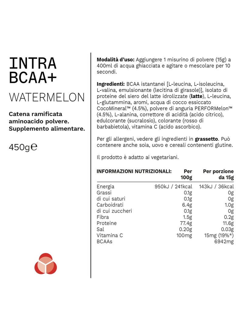 Intra Bccaa + Powder, 4:1:1 Amino Blend, Helps Reduce Tiredness & Fatigue, Includes Coconut Water Powder, Watermelon Flavour, 450 gm