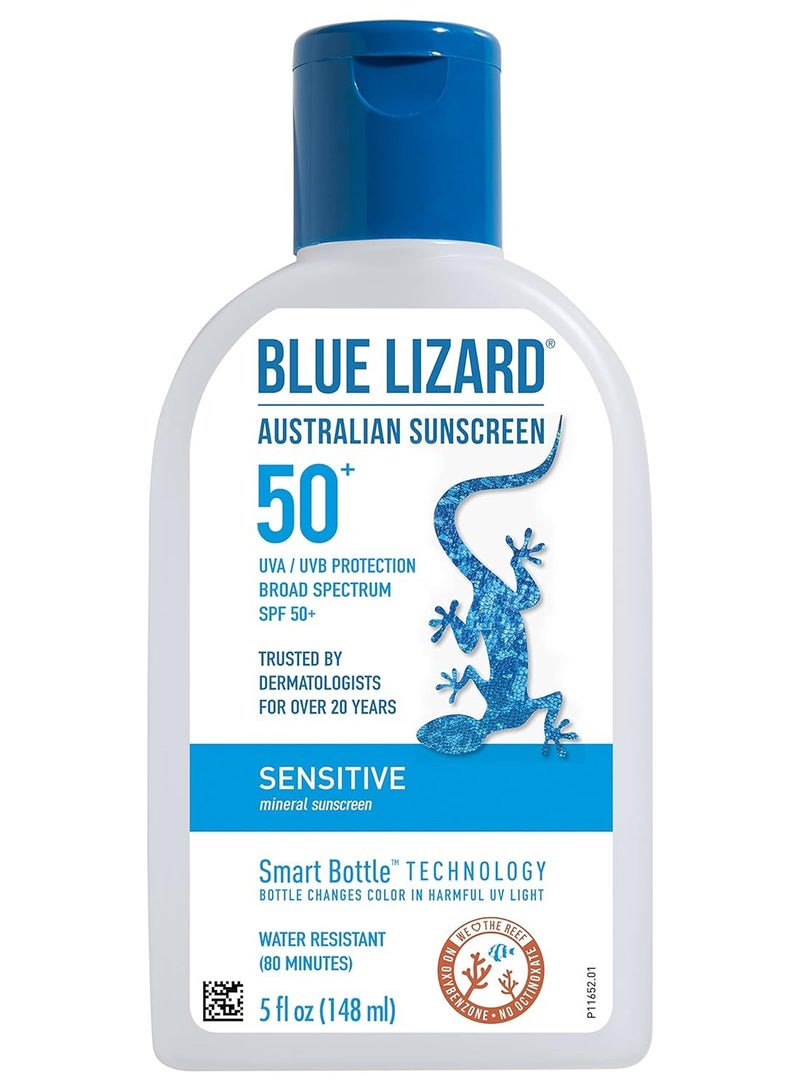 BLUE LIZARD Sensitive Mineral Sunscreen with Zinc Oxide, SPF 50+, Water Resistant, UVA/UVB Protection with Smart Bottle Technology - Fragrance Free, 5 oz