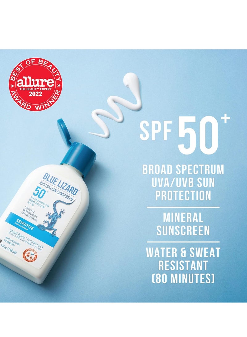 BLUE LIZARD Sensitive Mineral Sunscreen with Zinc Oxide, SPF 50+, Water Resistant, UVA/UVB Protection with Smart Bottle Technology - Fragrance Free, 5 oz