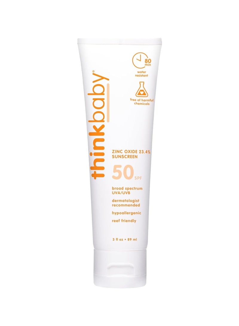 Thinkbaby SPF 50+ Baby Mineral Sunscreen – Safe, Natural Sunblock for Babies - Water Resistant Sun Cream – Broad Spectrum UVA/UVB Sun Protection – Vegan Baby Sunscreen Lotion, 3 Oz.