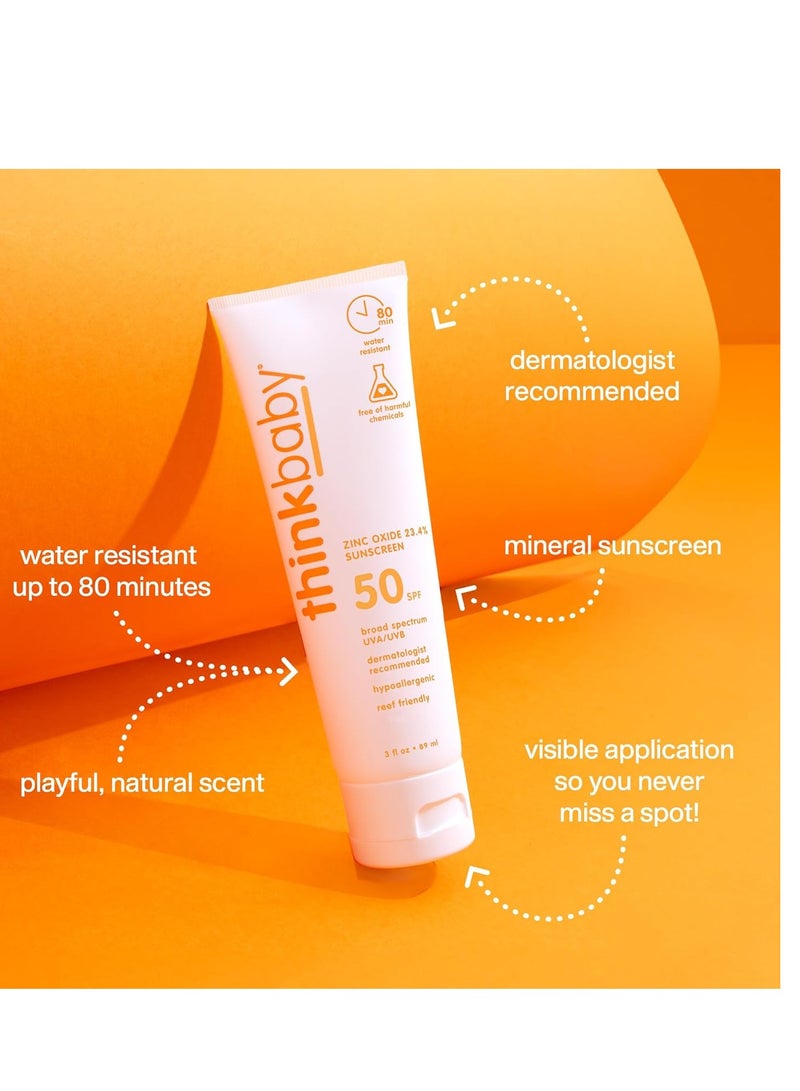 Thinkbaby SPF 50+ Baby Mineral Sunscreen – Safe, Natural Sunblock for Babies - Water Resistant Sun Cream – Broad Spectrum UVA/UVB Sun Protection – Vegan Baby Sunscreen Lotion, 3 Oz.