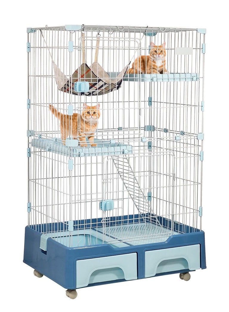 Cat cage, Three-layer cat cage playpen kennel with Litter box, Wide perch, and Hammock, Modern cat house with storage box, Suitable for indoor cats and kittens 133 cm (Blue)