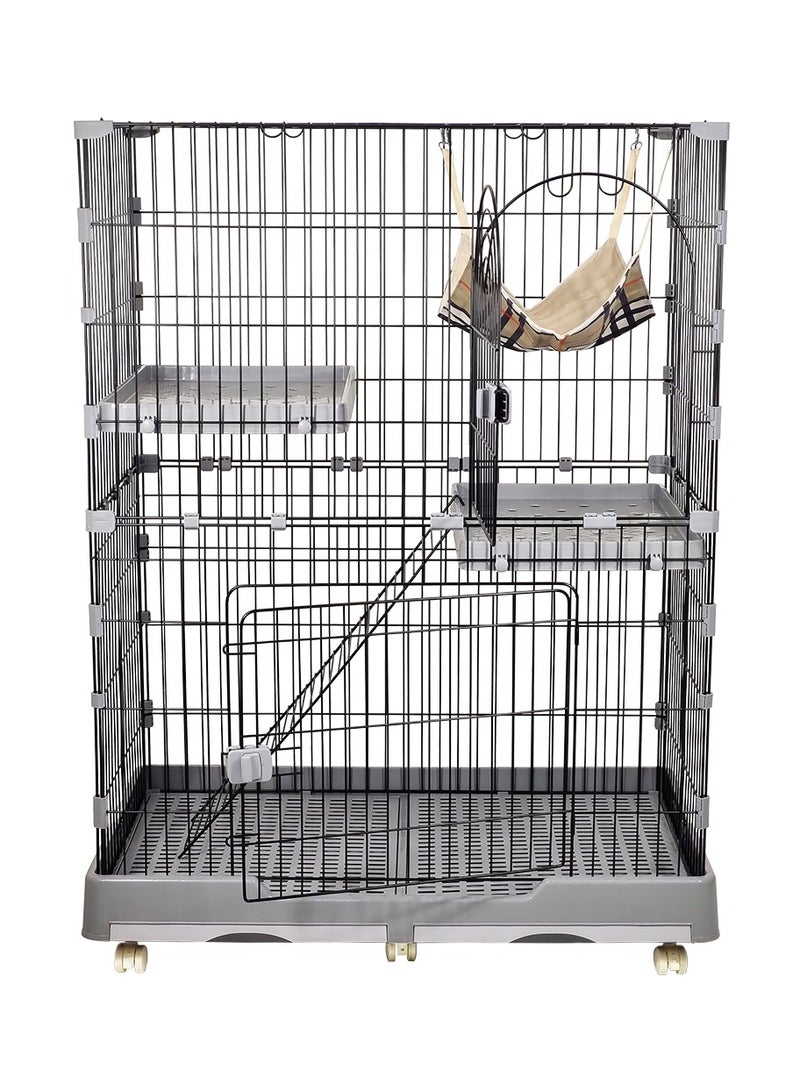 Cat cage crate playpen kennel with hammock, wide perch, climbing ladder, removable tray, and universal wheels, 2-layer cat cage suitable for multiple cats 132 cm (Black/Grey)
