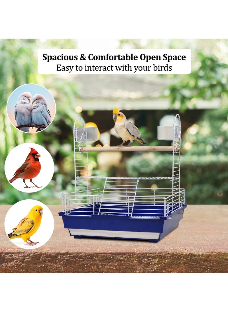 Bird stand cage with wooden perch, feeding bowls, and removable tray, Portable bird playground for small and medium birds, Open design metal bird cage 46 cm (Blue)