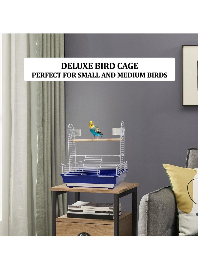 Bird stand cage with wooden perch, feeding bowls, and removable tray, Portable bird playground for small and medium birds, Open design metal bird cage 46 cm (Blue)