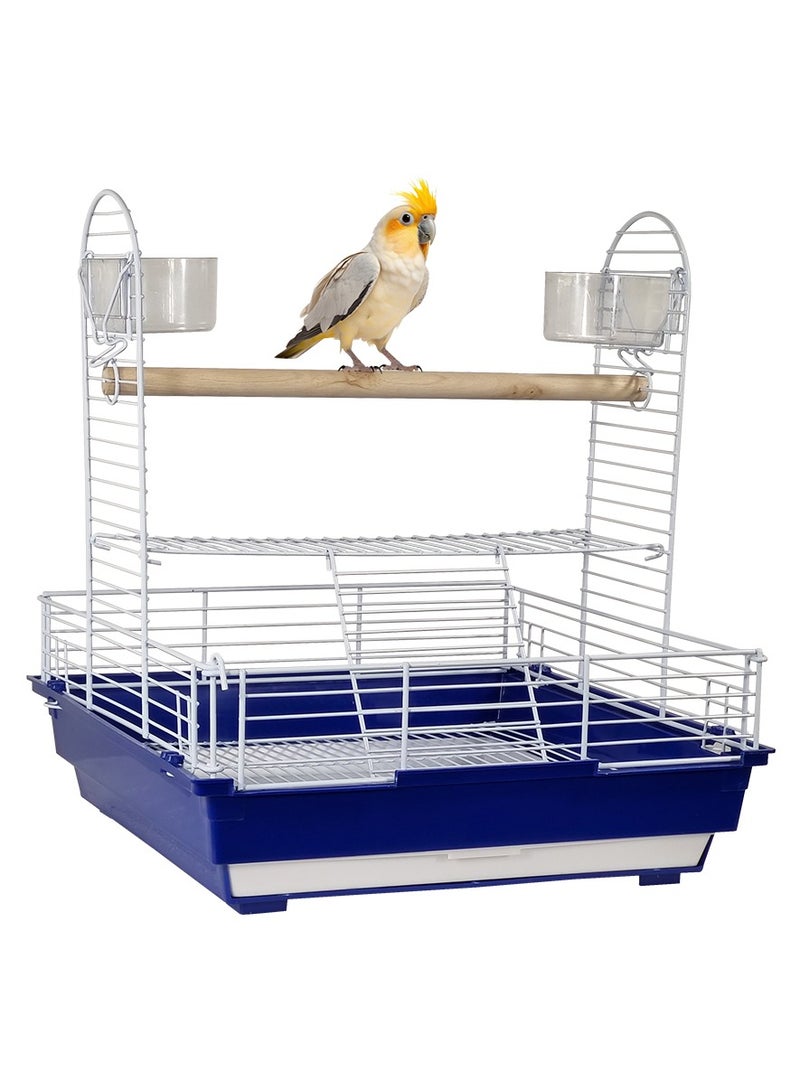 Bird stand cage with wooden perch, feeding bowls, and removable tray, Portable bird playground for small and medium birds, Open design metal bird cage 46 cm (Blue)