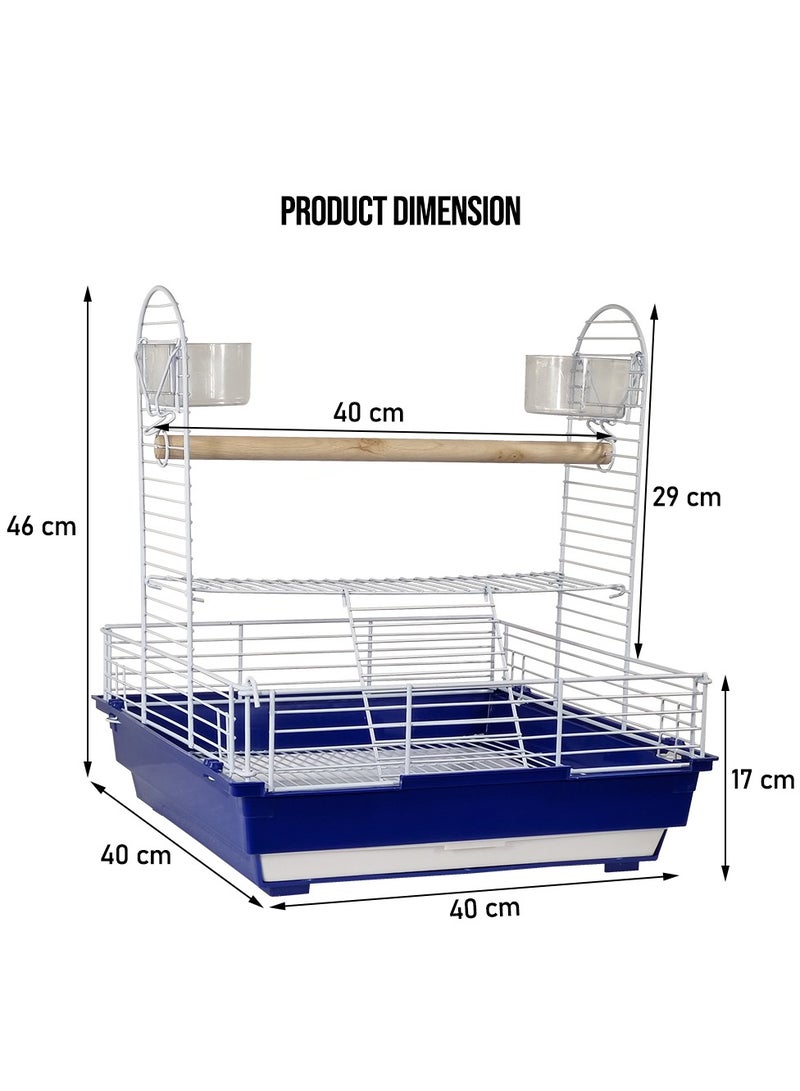 Bird stand cage with wooden perch, feeding bowls, and removable tray, Portable bird playground for small and medium birds, Open design metal bird cage 46 cm (Blue)