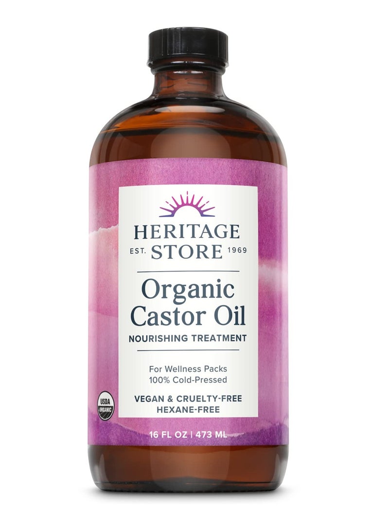 HERITAGE STORE Organic Castor Oil, Glass Bottle, Cold Pressed, Rich Hydration for Hair & Skin, Bold Lashes & Brows 16oz