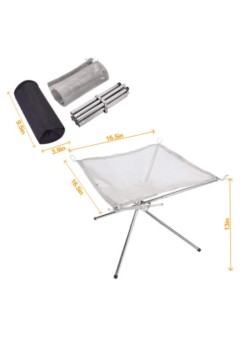 Portable Foldable Outdoor Camping Fire Pit, 304 Stainless Steel Mesh Fireplace Picnic Campfire Fire Pit Wood Burning with Carry Bag for Patio, Camping Backyard (M(16.5 x 16.5 x 13.4″))