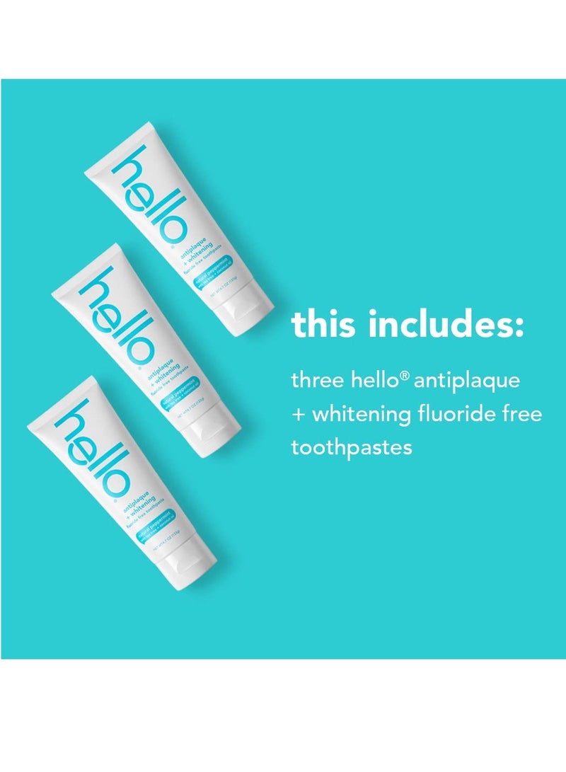 Hello Antiplaque Toothpaste, Fluoride Free for Teeth Whitening with Natural Peppermint Flavor and Tea Tree Oil, Peroxide Free, Gluten Free, SLS Free, 3 Pack, 4.7 OZ Tubes