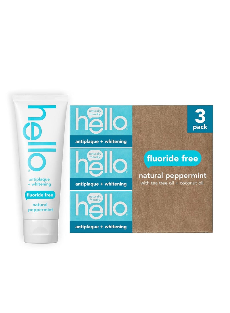 Hello Antiplaque Toothpaste, Fluoride Free for Teeth Whitening with Natural Peppermint Flavor and Tea Tree Oil, Peroxide Free, Gluten Free, SLS Free, 3 Pack, 4.7 OZ Tubes