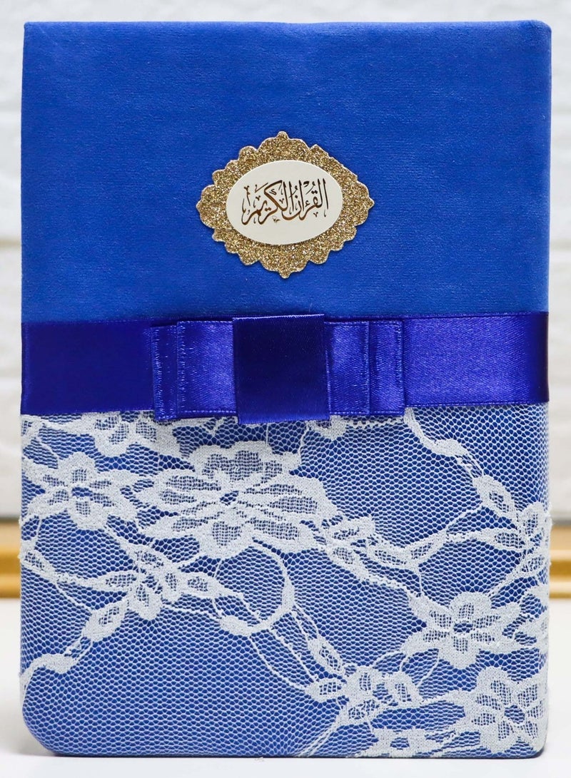 The Quran is embroidered velvet lace and is available in multiple blue colours