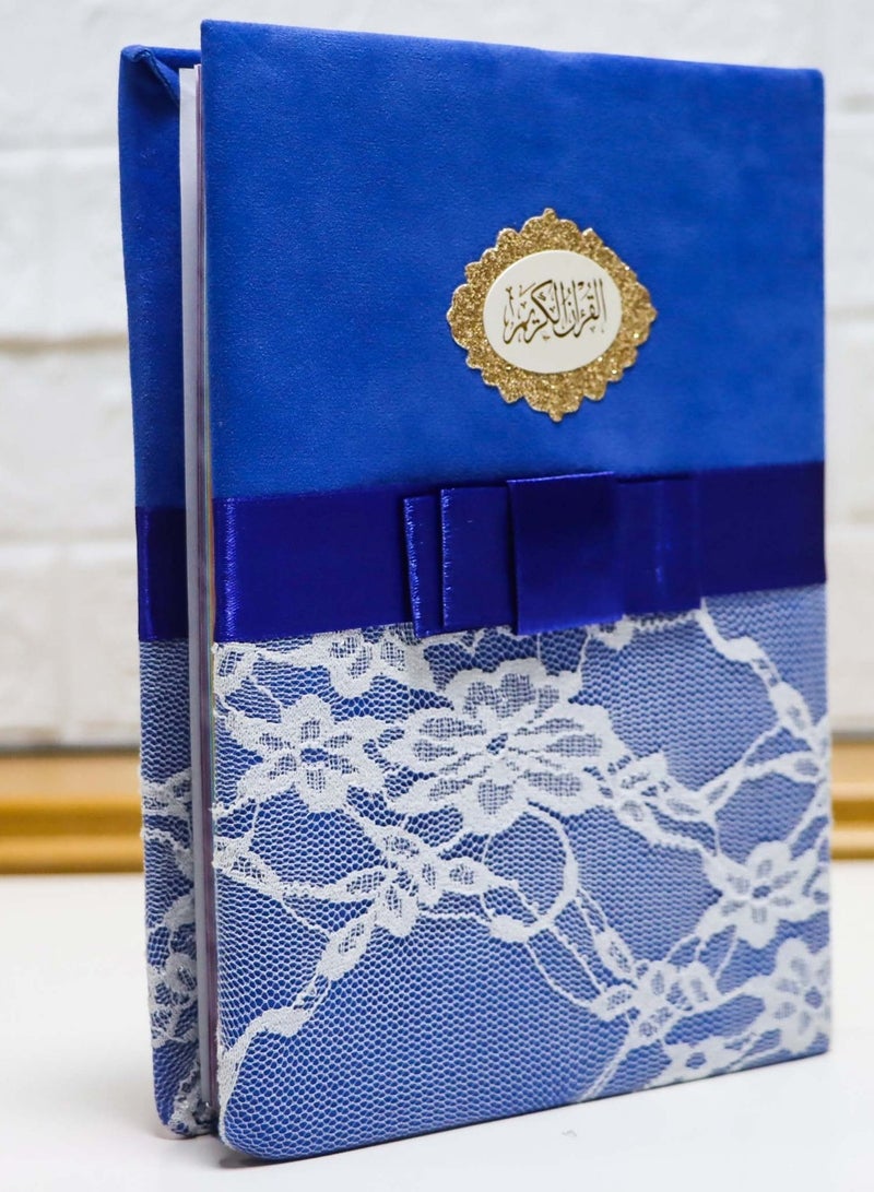 The Quran is embroidered velvet lace and is available in multiple blue colours