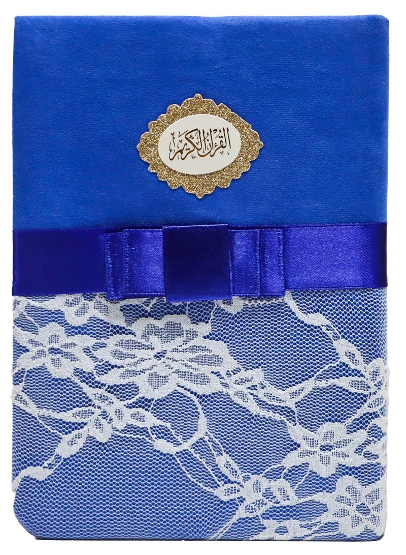 The Quran is embroidered velvet lace and is available in multiple blue colours