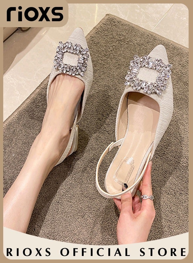 Women's Closed Pointed Toe Slip-On Backless Rhinestones Sandals Stiletto Slides Shoes For Work And Party