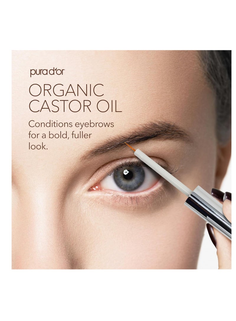 PURA D'OR Organic Castor Oil with 2 Bonus Brushes - 100% Pure Cold Pressed Hexane Free Serum for Lashes, Brows & Skin