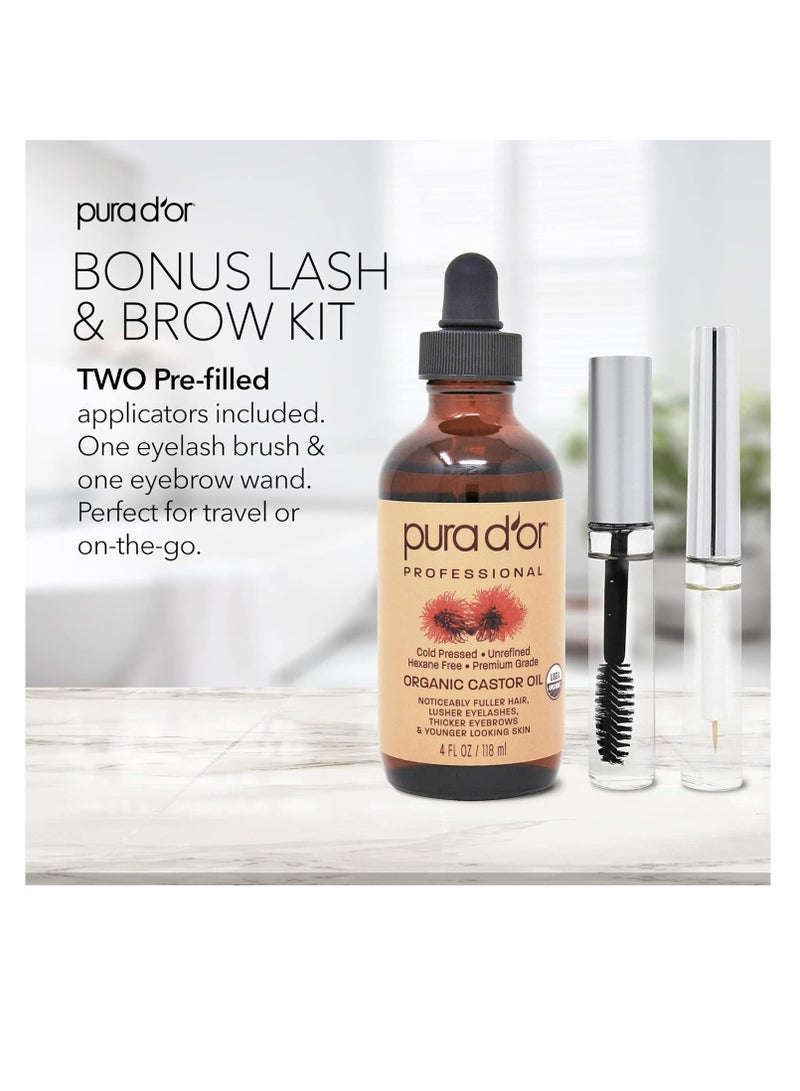 PURA D'OR Organic Castor Oil with 2 Bonus Brushes - 100% Pure Cold Pressed Hexane Free Serum for Lashes, Brows & Skin