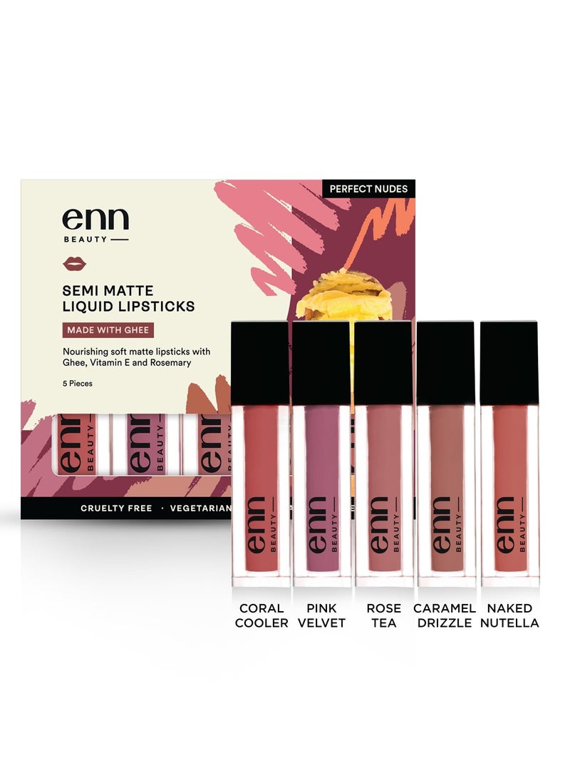 Enn Beauty Long Lasting Semi Matte Liquid Lipsticks with 12 Hour Coverage Transferproof Highly pigmented Goodness of Natural Ingredients With Perfect Nudes Colors Pack of 5