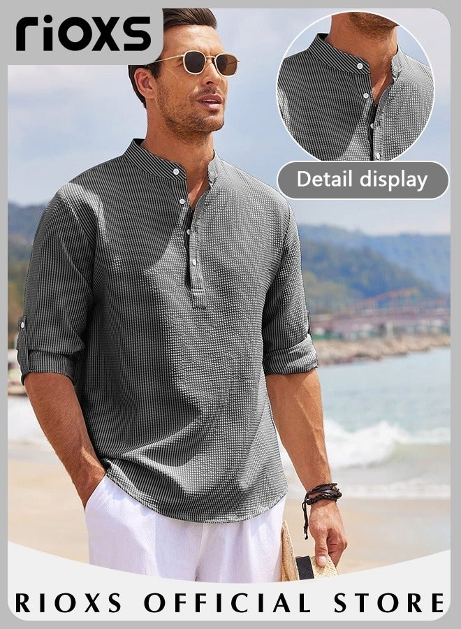 Men's Waffle Long Sleeve Henley Shirts, Casual Button Down Beach Pullover Tops, Roll Up Long Sleeve Shirt For Men, Stand Up Collar Tee Shirts, Comfy Breathable Men Blouse For Daily Wear