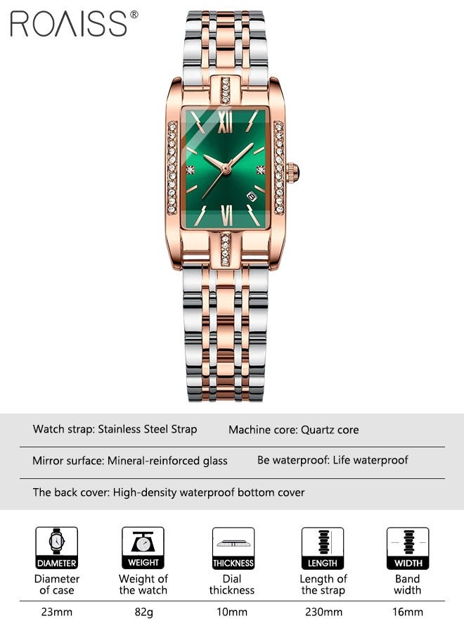 Women's Steel Strap Quartz Watch Analog Display Rectangle Green Dial with Zirconium Diamond Decorated Bezel Waterproof Luxurious Wristwatch as Gift for Ladies