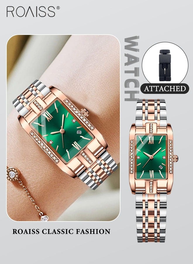 Women's Steel Strap Quartz Watch Analog Display Rectangle Green Dial with Zirconium Diamond Decorated Bezel Waterproof Luxurious Wristwatch as Gift for Ladies