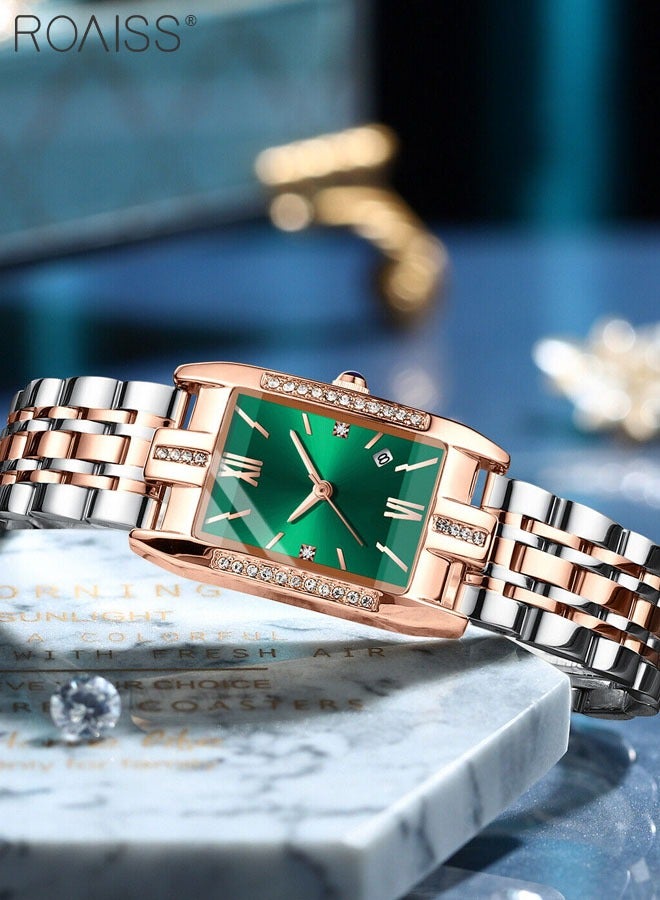 Women's Steel Strap Quartz Watch Analog Display Rectangle Green Dial with Zirconium Diamond Decorated Bezel Waterproof Luxurious Wristwatch as Gift for Ladies