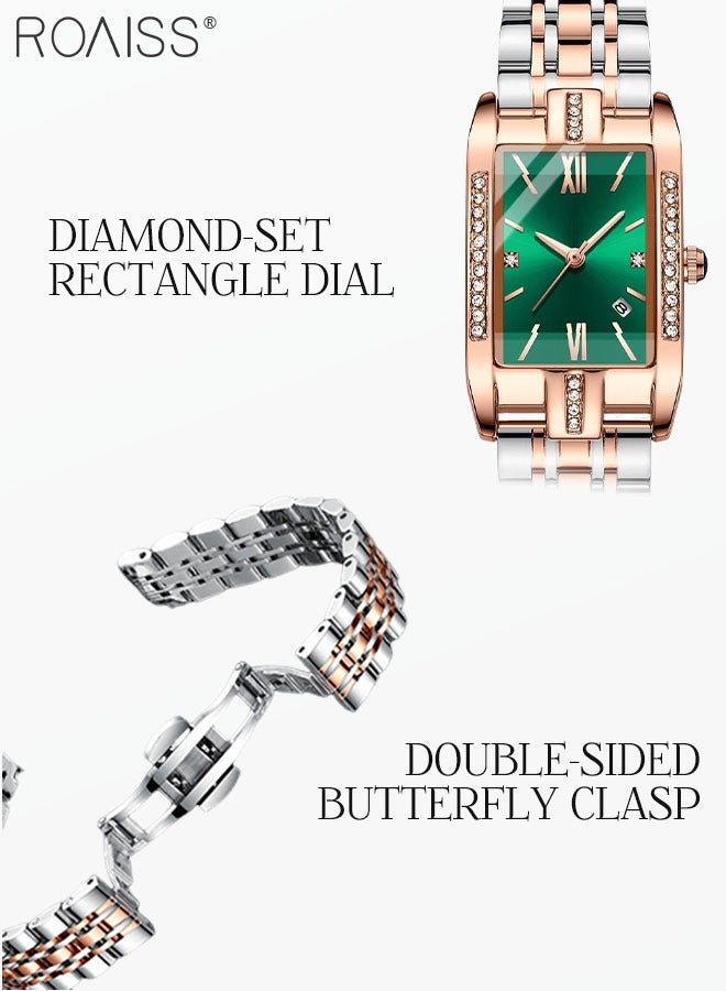 Women's Steel Strap Quartz Watch Analog Display Rectangle Green Dial with Zirconium Diamond Decorated Bezel Waterproof Luxurious Wristwatch as Gift for Ladies