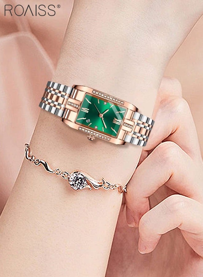 Women's Steel Strap Quartz Watch Analog Display Rectangle Green Dial with Zirconium Diamond Decorated Bezel Waterproof Luxurious Wristwatch as Gift for Ladies