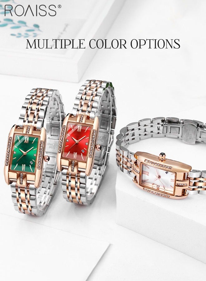 Women's Steel Strap Quartz Watch Analog Display Rectangle Green Dial with Zirconium Diamond Decorated Bezel Waterproof Luxurious Wristwatch as Gift for Ladies