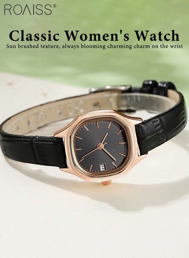 Women's Leather Strap Quartz Watch Analog Display Square Black Dial with Gold Bezel Waterproof Elegant Wristwatch as Gift for Ladies