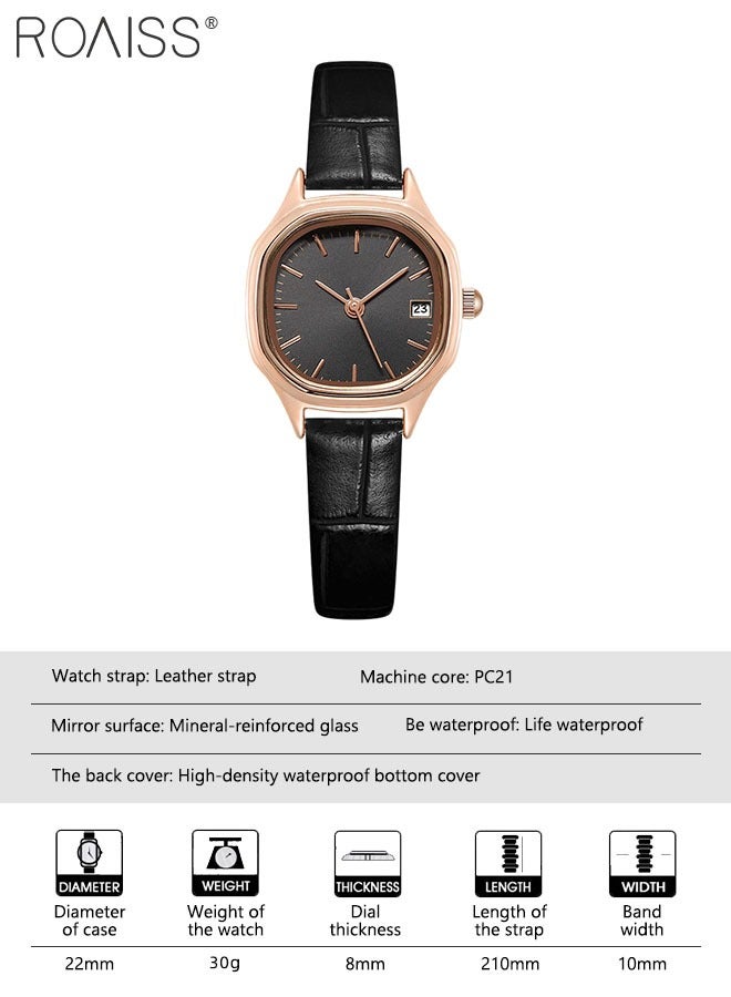 Women's Leather Strap Quartz Watch Analog Display Square Black Dial with Gold Bezel Waterproof Elegant Wristwatch as Gift for Ladies