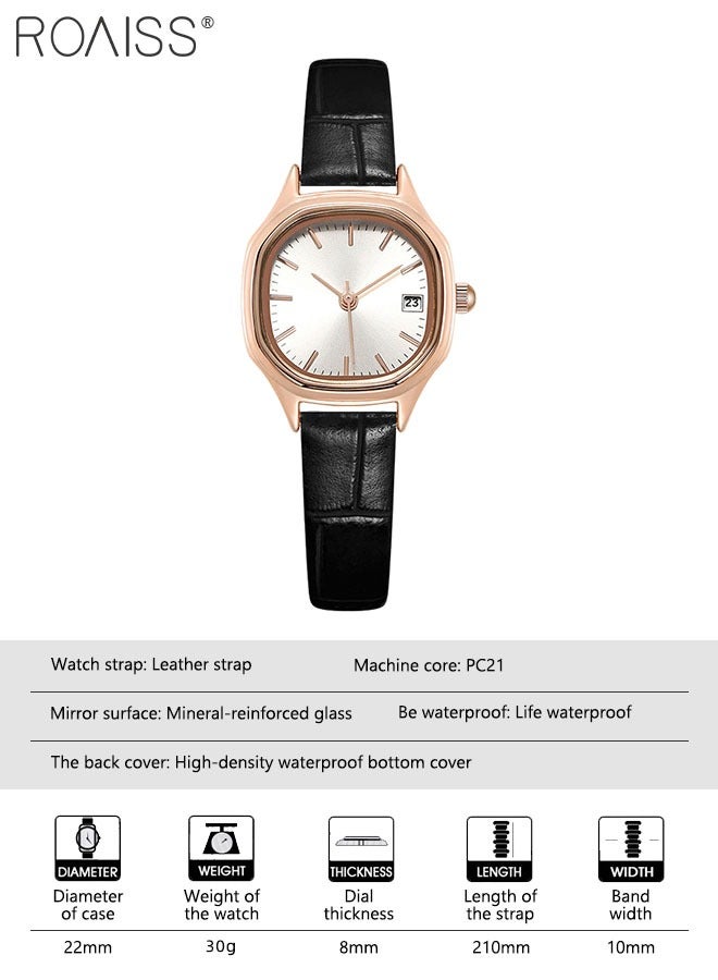 Women's Leather Strap Quartz Watch Analog Display Square White Dial with Gold Bezel Waterproof Elegant Wristwatch as Gift for Ladies