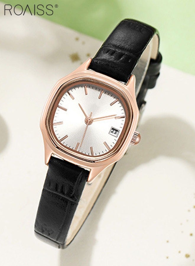 Women's Leather Strap Quartz Watch Analog Display Square White Dial with Gold Bezel Waterproof Elegant Wristwatch as Gift for Ladies