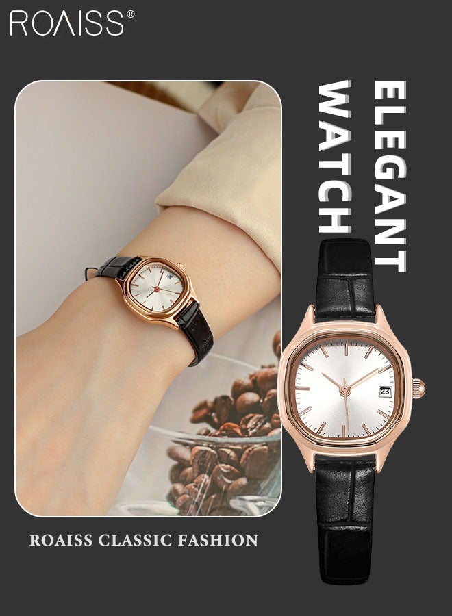 Women's Leather Strap Quartz Watch Analog Display Square White Dial with Gold Bezel Waterproof Elegant Wristwatch as Gift for Ladies