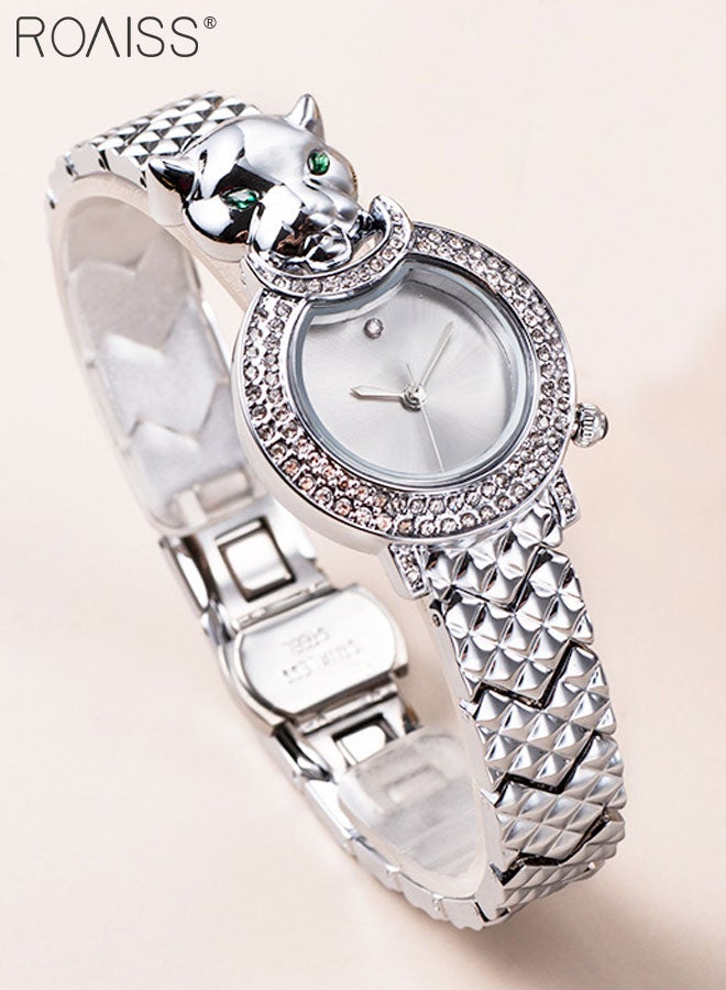 Women's Silver Bracelet Quartz Watch, Analog Display Round Silver Dial Watch Decorated with Leopard Head Pattern and Rhinestones, Waterproof Retro Watch as Gift for Women