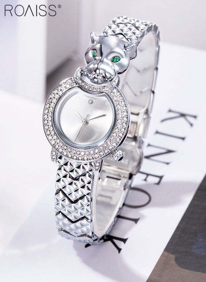 Women's Silver Bracelet Quartz Watch, Analog Display Round Silver Dial Watch Decorated with Leopard Head Pattern and Rhinestones, Waterproof Retro Watch as Gift for Women