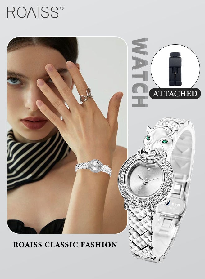 Women's Silver Bracelet Quartz Watch, Analog Display Round Silver Dial Watch Decorated with Leopard Head Pattern and Rhinestones, Waterproof Retro Watch as Gift for Women