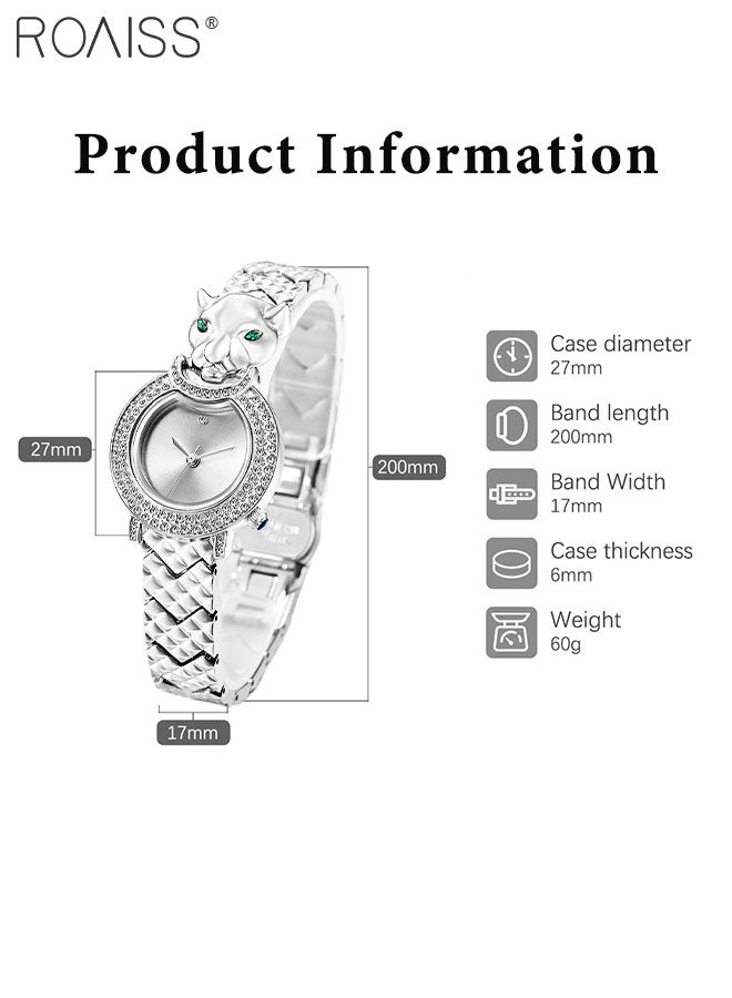 Women's Silver Bracelet Quartz Watch, Analog Display Round Silver Dial Watch Decorated with Leopard Head Pattern and Rhinestones, Waterproof Retro Watch as Gift for Women