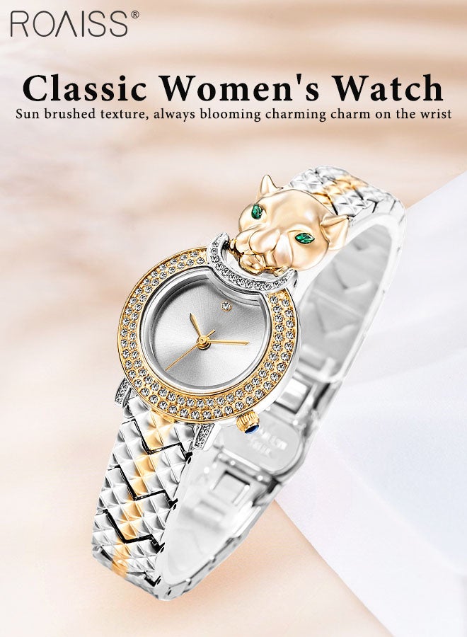 Women's Bracelet Quartz Watch, Analog Display Round Silver Dial Watch Decorated with Leopard Head Pattern and Rhinestones, Waterproof Retro Watch as Gift for Women