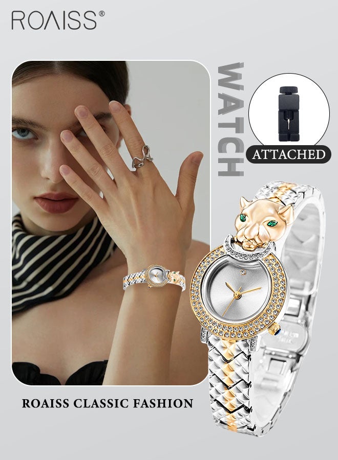 Women's Bracelet Quartz Watch, Analog Display Round Silver Dial Watch Decorated with Leopard Head Pattern and Rhinestones, Waterproof Retro Watch as Gift for Women