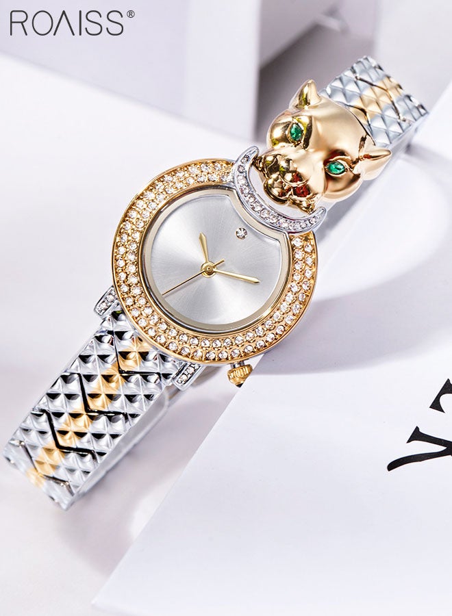 Women's Bracelet Quartz Watch, Analog Display Round Silver Dial Watch Decorated with Leopard Head Pattern and Rhinestones, Waterproof Retro Watch as Gift for Women