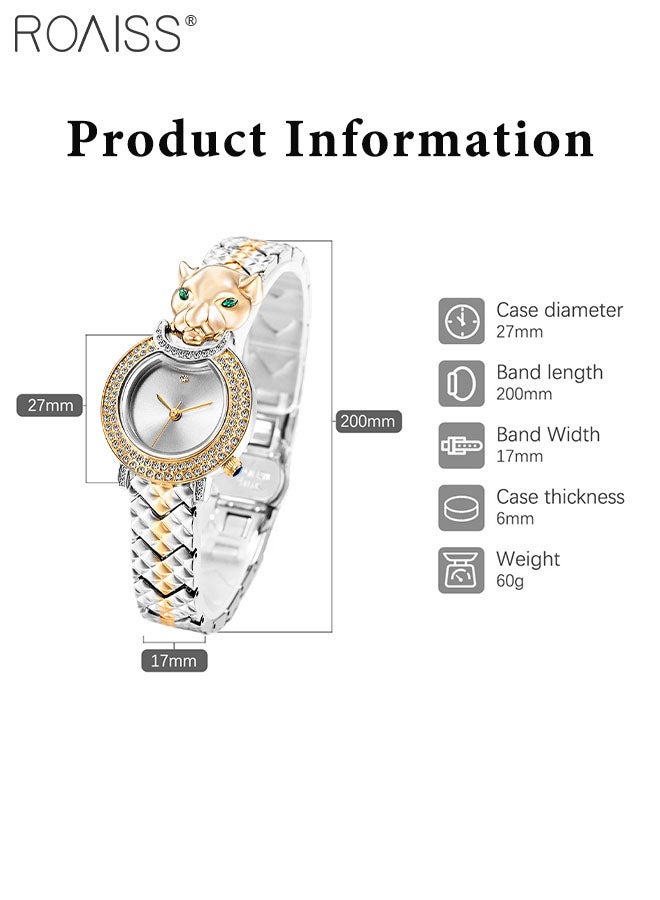 Women's Bracelet Quartz Watch, Analog Display Round Silver Dial Watch Decorated with Leopard Head Pattern and Rhinestones, Waterproof Retro Watch as Gift for Women