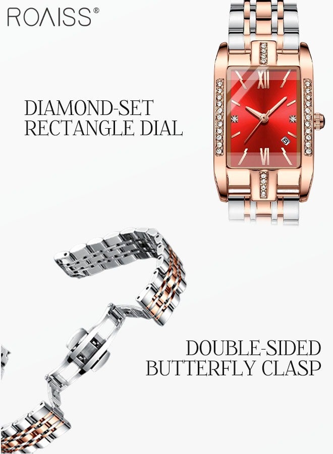 Women's Steel Strap Quartz Watch Analog Display Rectangle Red Dial with Zirconium Diamond Decorated Bezel Waterproof Luxurious Wristwatch as Gift for Ladies