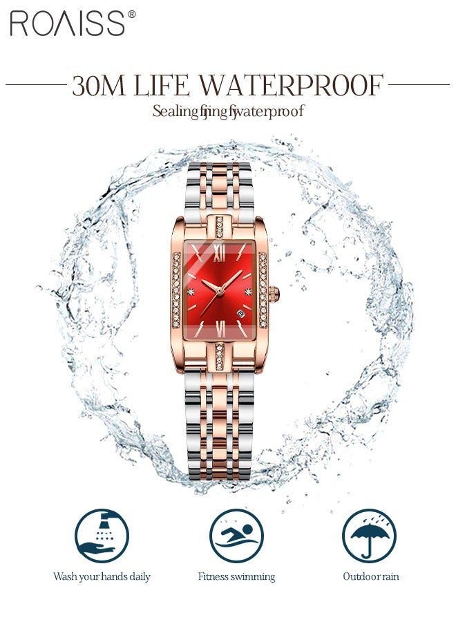 Women's Steel Strap Quartz Watch Analog Display Rectangle Red Dial with Zirconium Diamond Decorated Bezel Waterproof Luxurious Wristwatch as Gift for Ladies